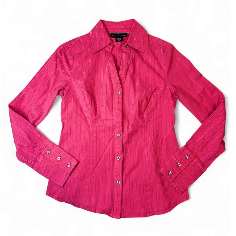 Y2K Attention Fuchsia Button-Down Shirt with Subtle Stripe V neck Women’s small